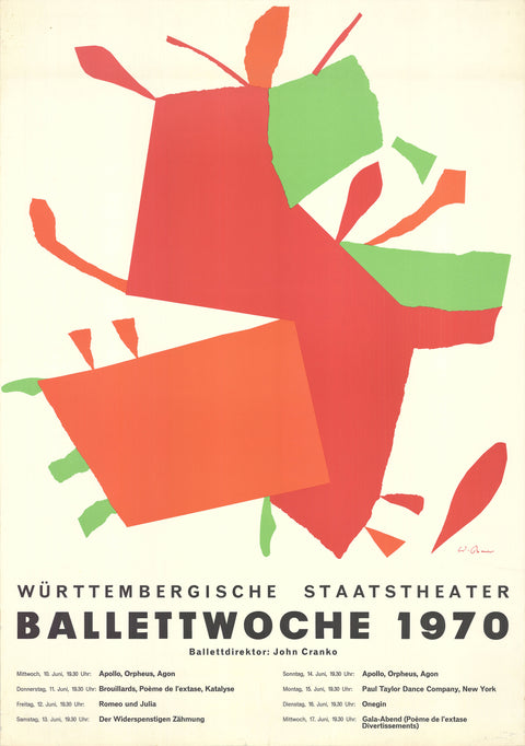 ARTIST UNKNOWN Ballettwoche 1970 46.75 x 33 Lithograph 1970 Abstract Orange, Red, Black, Black & White, Green Ballet, Dancing, Germany