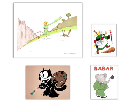 Bundle- 4 Assorted Saint Exupery, Becassine, Felix the Cat, Babar Posters