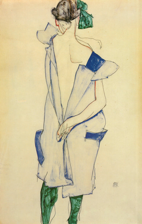 EGON SCHIELE Girl Standing in Blue Dress and Green Stockings, Back View, 1994