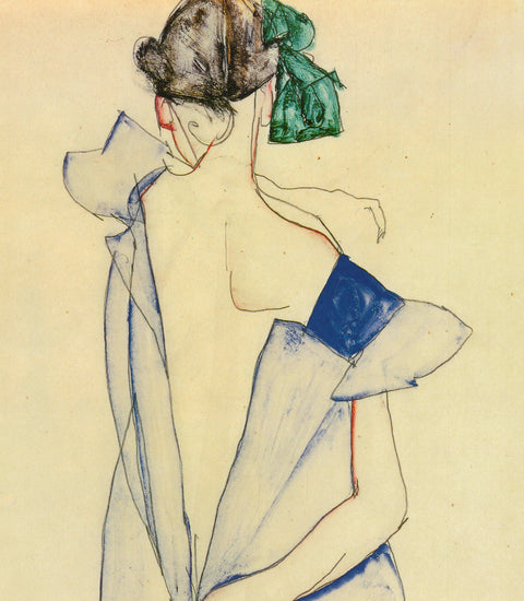 EGON SCHIELE Girl Standing in Blue Dress and Green Stockings, Back View, 1994