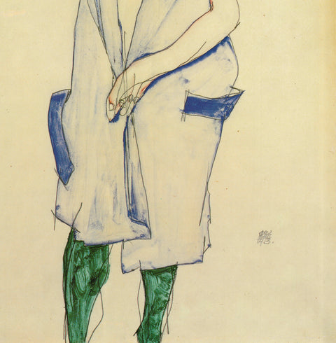 EGON SCHIELE Girl Standing in Blue Dress and Green Stockings, Back View, 1994