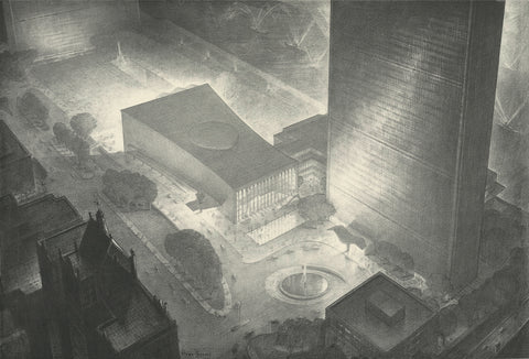 HUGH FERRISS United Nations Headquarters, New York, Aerial Perspective from the Southwest, 1995
